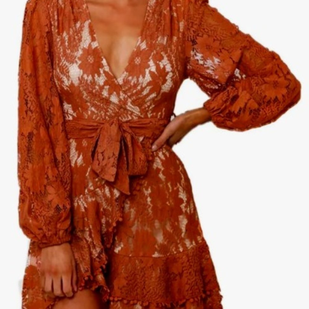 Brand- FARYSAYS from Amazon Boho Lace wrap romper Color Caramel, Size XL